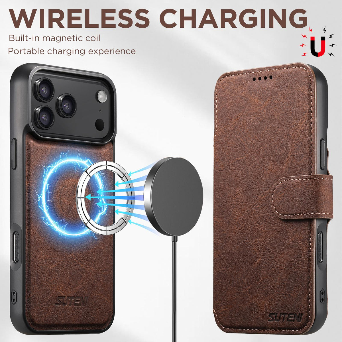 Compatible with iPhone 18 Pro Max Suteni Q05 2-in-1 Multi-function MagSafe Wallet Litchi Leather Phone Case - Brown