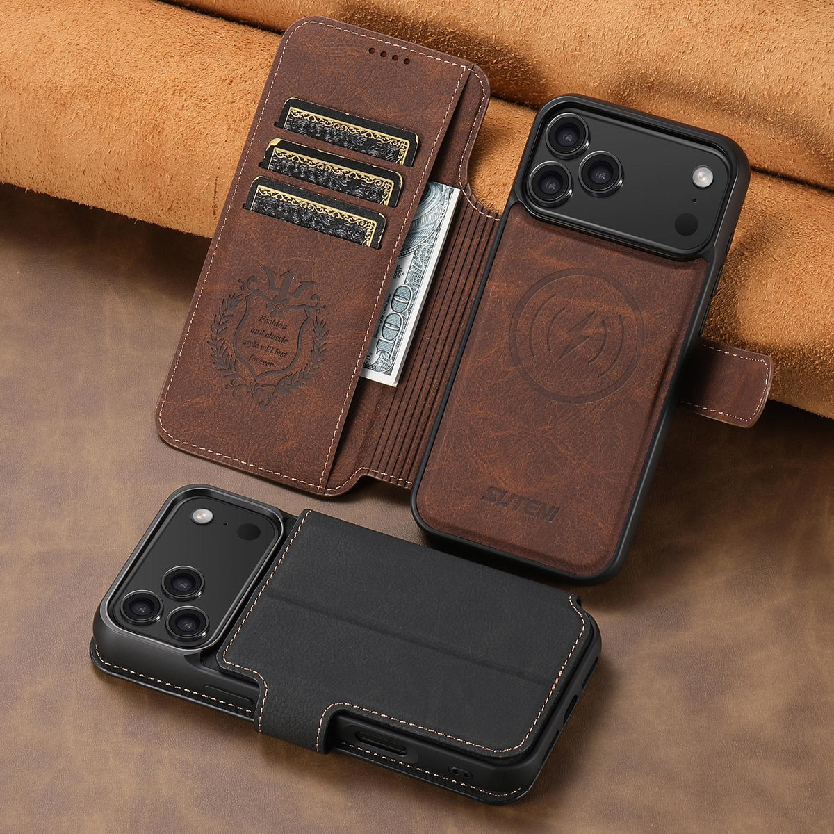 Compatible with iPhone 18 Pro Max Suteni Q05 2-in-1 Multi-function MagSafe Wallet Litchi Leather Phone Case - Black