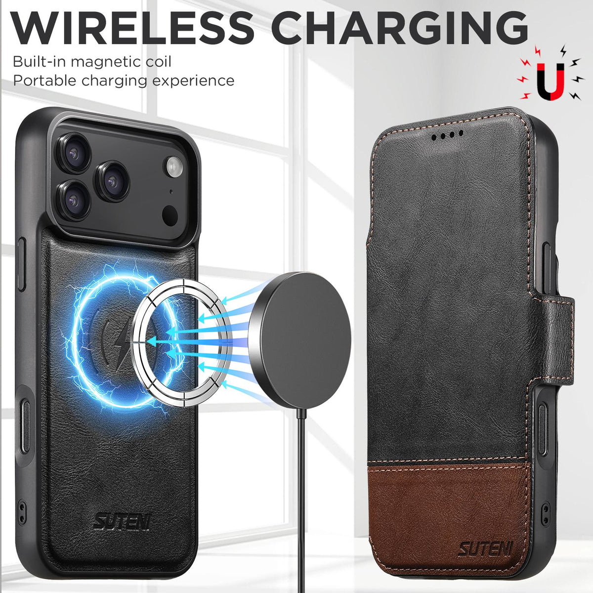 Compatible with iPhone 18 Pro Max Suteni Q06 2-in-1 Multi-function Detachable Wallet MagSafe Phone Case - Black