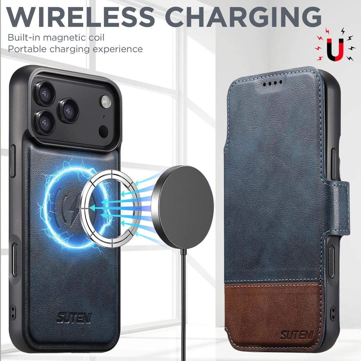 Compatible with iPhone 18 Pro Max Suteni Q06 2-in-1 Multi-function Detachable Wallet MagSafe Phone Case - Blue