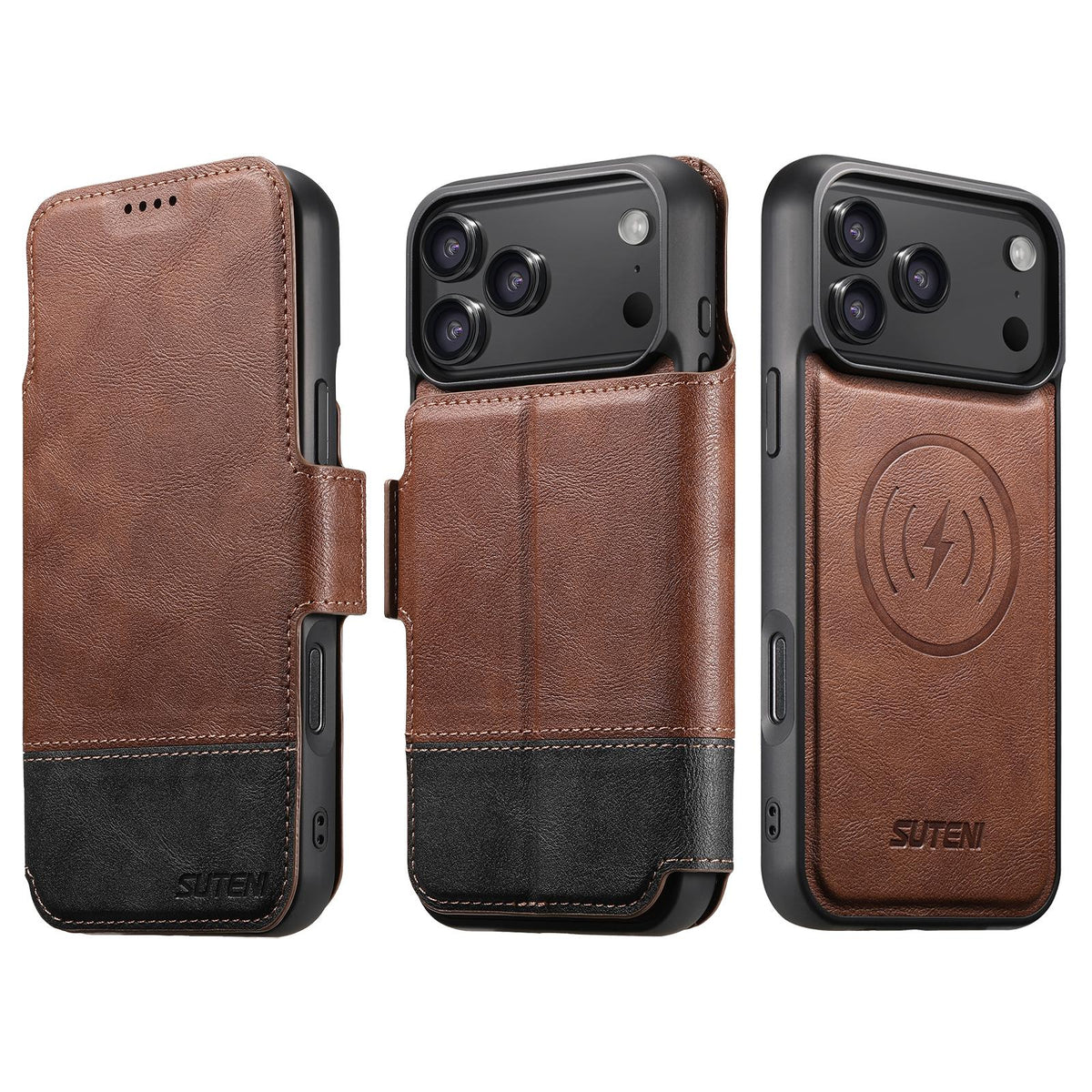 Compatible with iPhone 18 Pro Suteni Q06 2-in-1 Multi-function Detachable Wallet MagSafe Phone Case - Brown