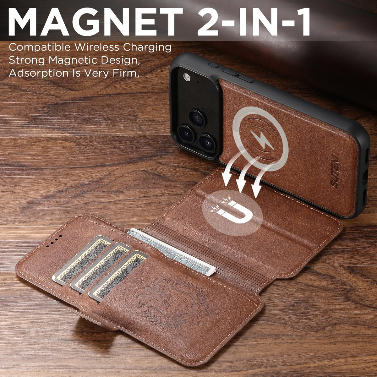 Compatible with iPhone 18 Pro Suteni Q06 2-in-1 Multi-function Detachable Wallet MagSafe Phone Case - Brown
