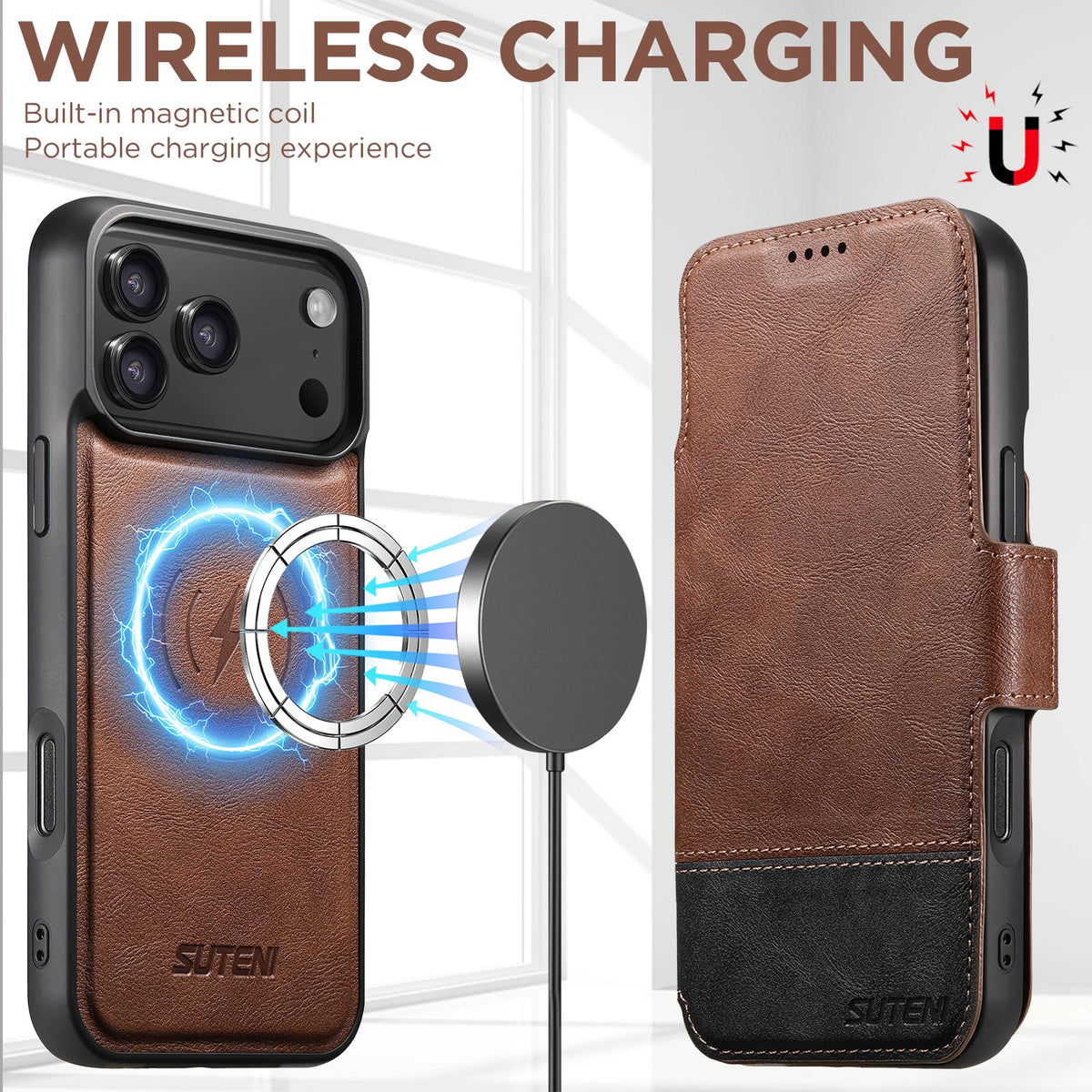 Compatible with iPhone 18 Pro Suteni Q06 2-in-1 Multi-function Detachable Wallet MagSafe Phone Case - Brown
