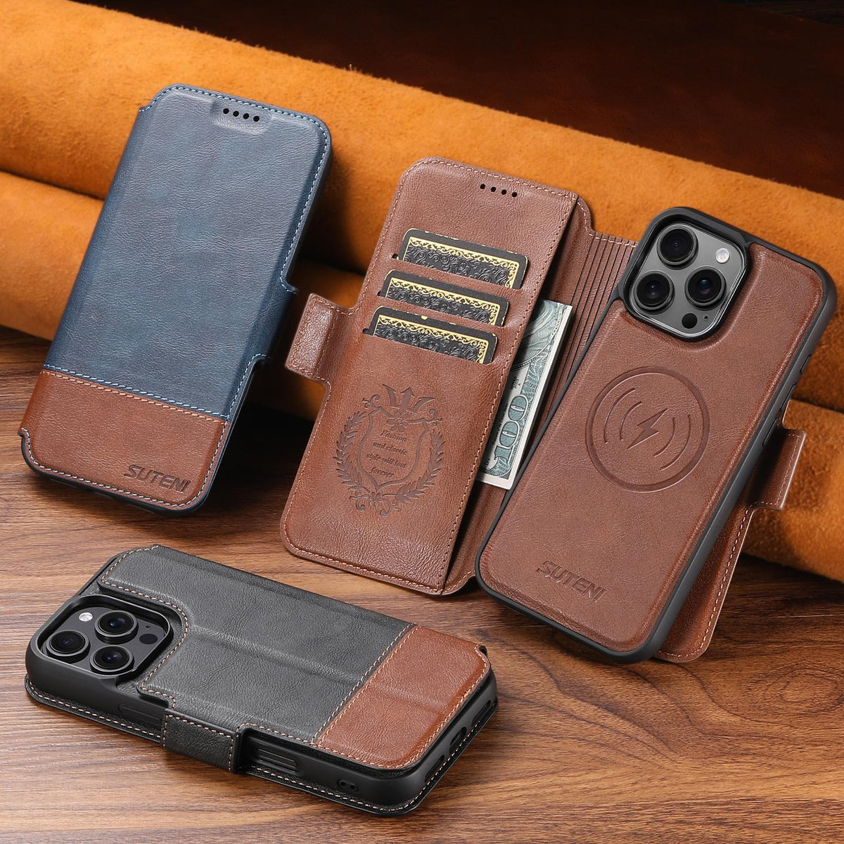 Compatible with iPhone 18 Pro Suteni Q06 2-in-1 Multi-function Detachable Wallet MagSafe Phone Case - Brown