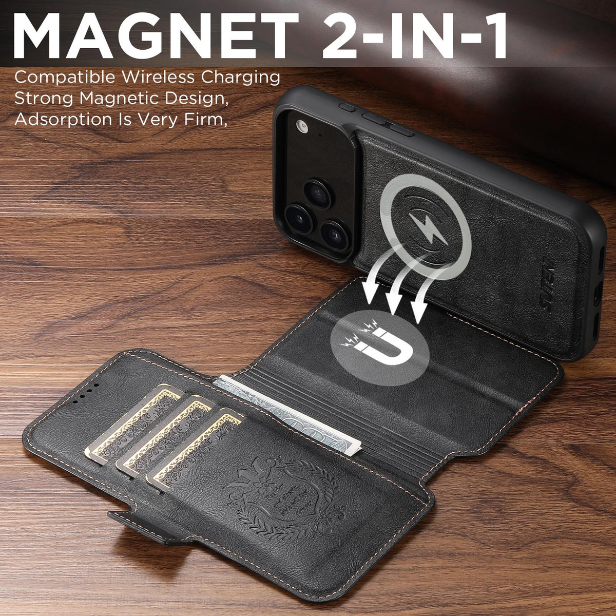 Compatible with iPhone 18 Pro Max Suteni Q07 2-in-1 Multi-function Detachable Wallet MagSafe Phone Case - Black
