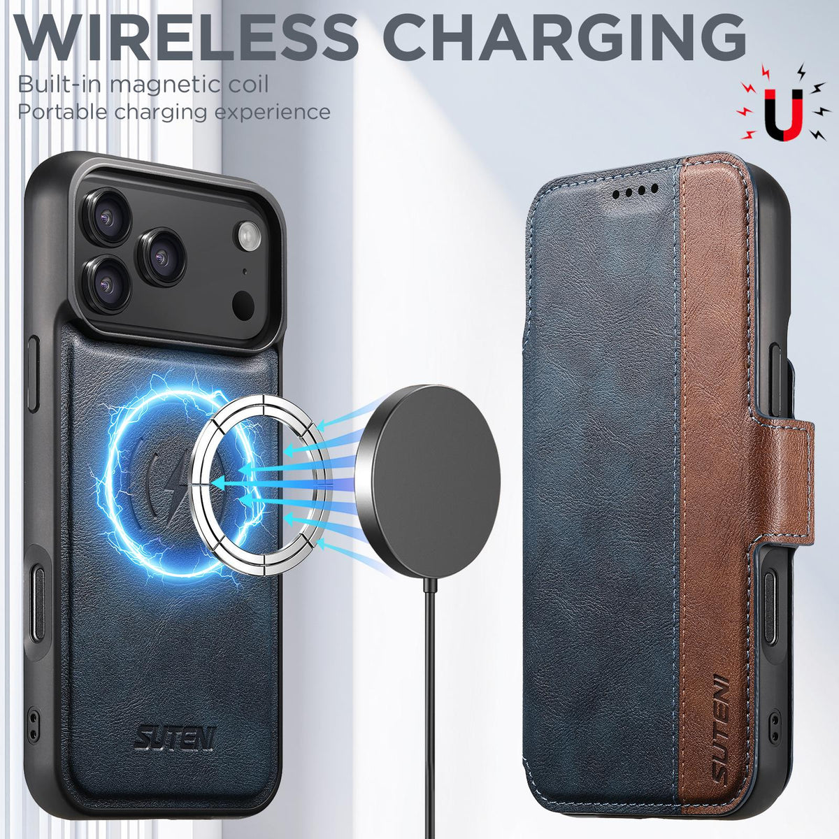 Compatible with iPhone 18 Pro Max Suteni Q07 2-in-1 Multi-function Detachable Wallet MagSafe Phone Case - Blue