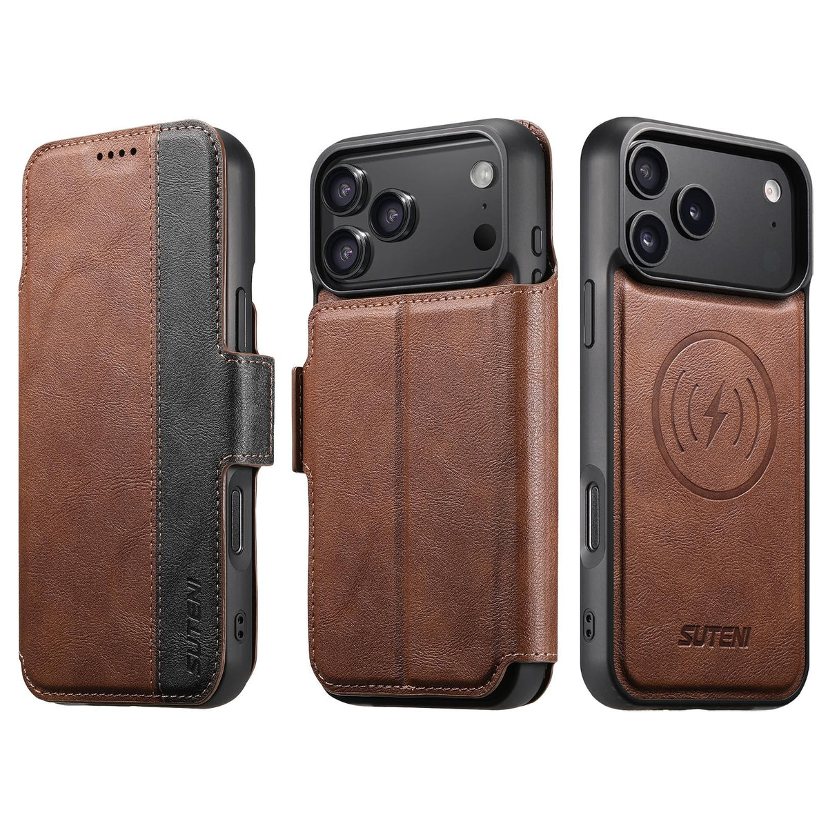 Compatible with iPhone 18 Pro Suteni Q07 2-in-1 Multi-function Detachable Wallet MagSafe Phone Case - Brown