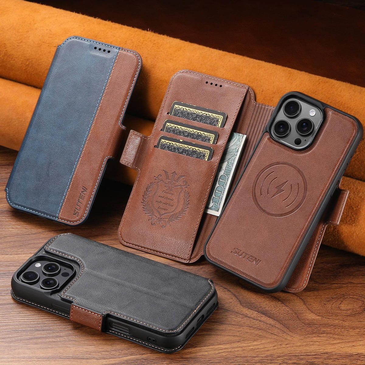 Compatible with iPhone 18 Pro Suteni Q07 2-in-1 Multi-function Detachable Wallet MagSafe Phone Case - Brown