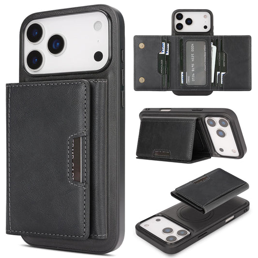Compatible with iPhone 18 Pro Max Kalebol Strong Magnetic MagSafe Tri-Fold Wallet Leather Phone Case - Black