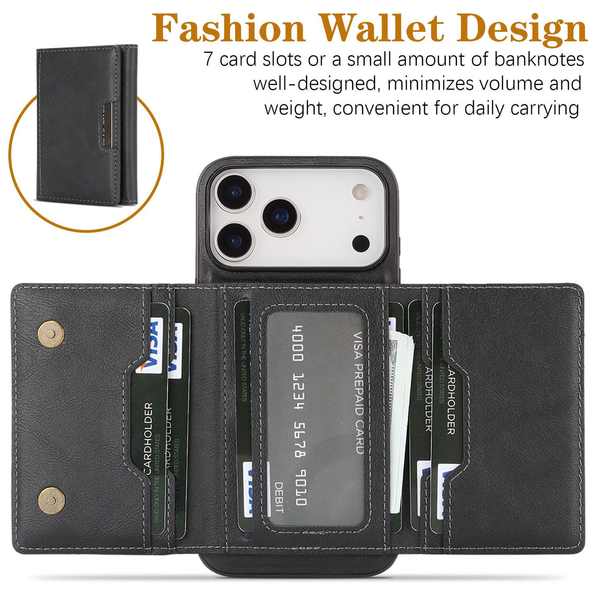 Compatible with iPhone 18 Pro Max Kalebol Strong Magnetic MagSafe Tri-Fold Wallet Leather Phone Case - Black