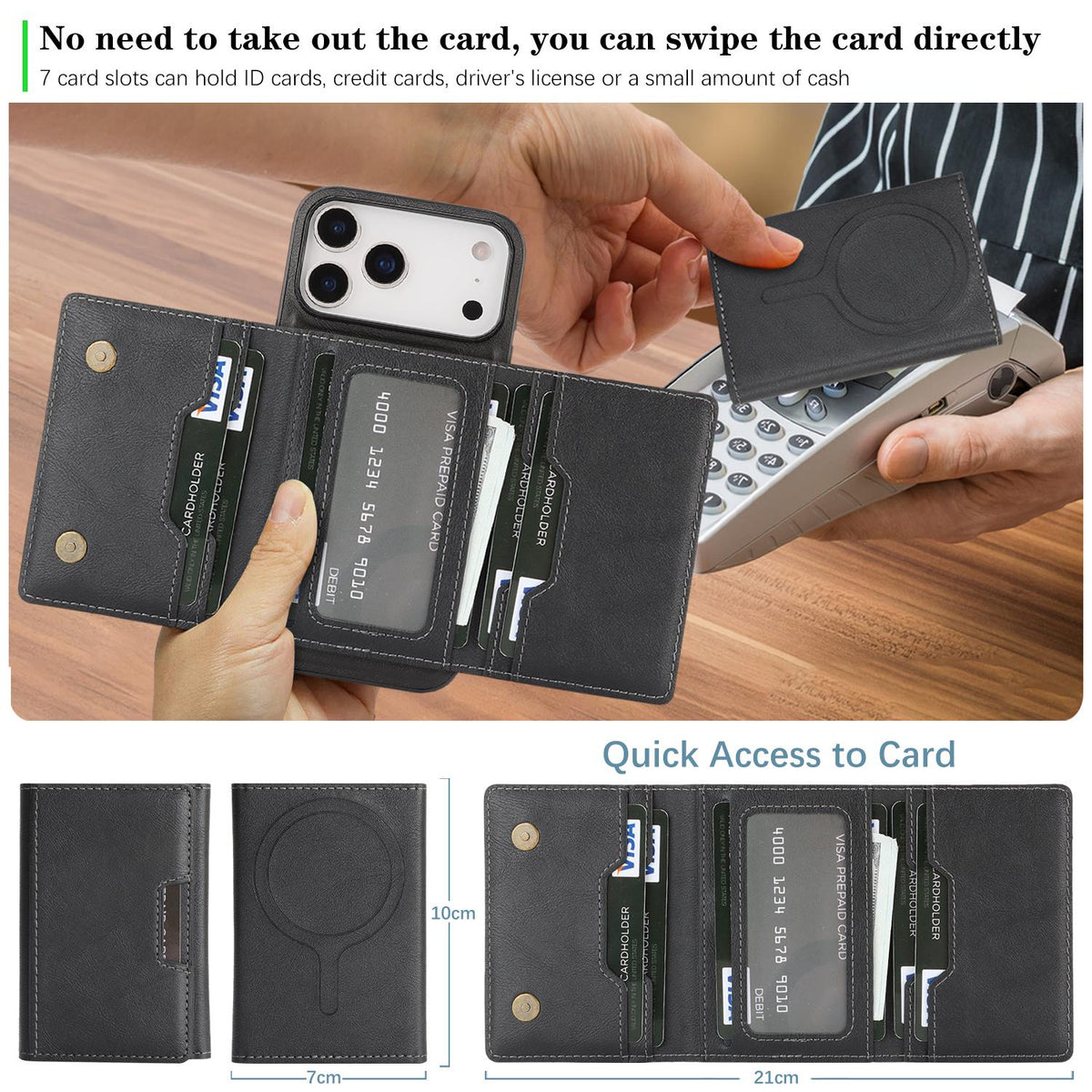 Compatible with iPhone 18 Pro Max Kalebol Strong Magnetic MagSafe Tri-Fold Wallet Leather Phone Case - Black