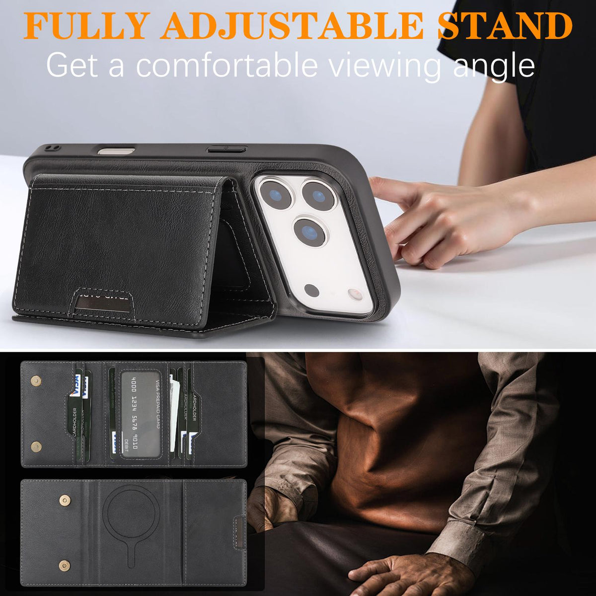 Compatible with iPhone 18 Pro Max Kalebol Strong Magnetic MagSafe Tri-Fold Wallet Leather Phone Case - Black
