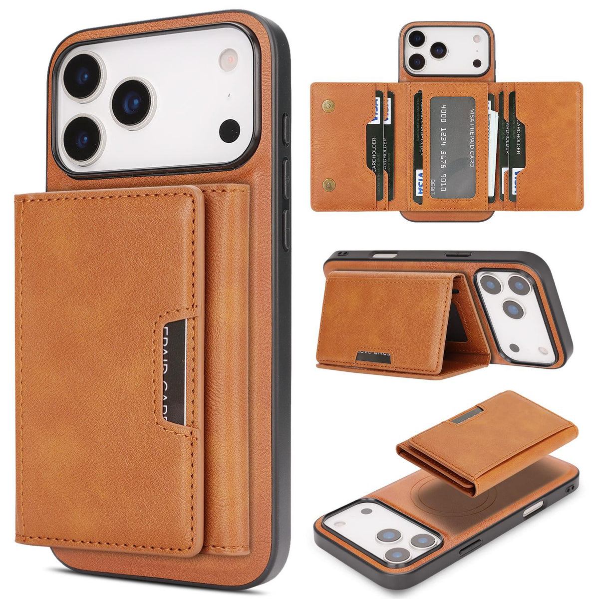 Compatible with iPhone 18 Pro Max Kalebol Strong Magnetic MagSafe Tri-Fold Wallet Leather Phone Case - Brown