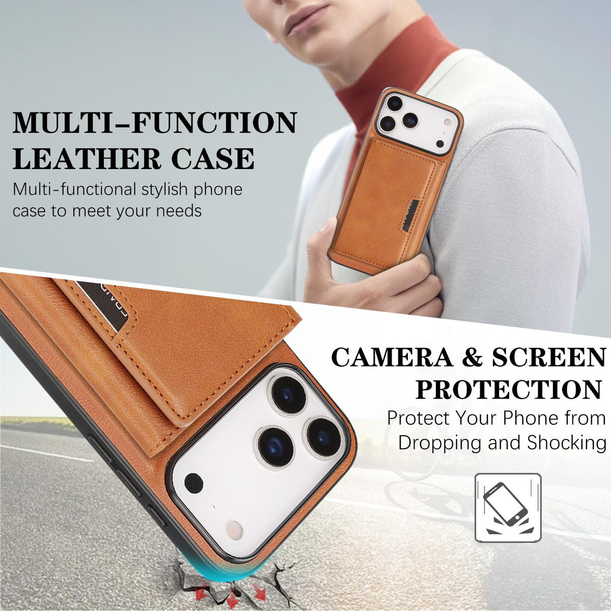 Compatible with iPhone 18 Pro Max Kalebol Strong Magnetic MagSafe Tri-Fold Wallet Leather Phone Case - Brown