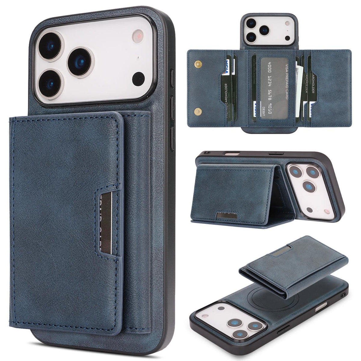 Compatible with iPhone 18 Pro Max Kalebol Strong Magnetic MagSafe Tri-Fold Wallet Leather Phone Case - Blue