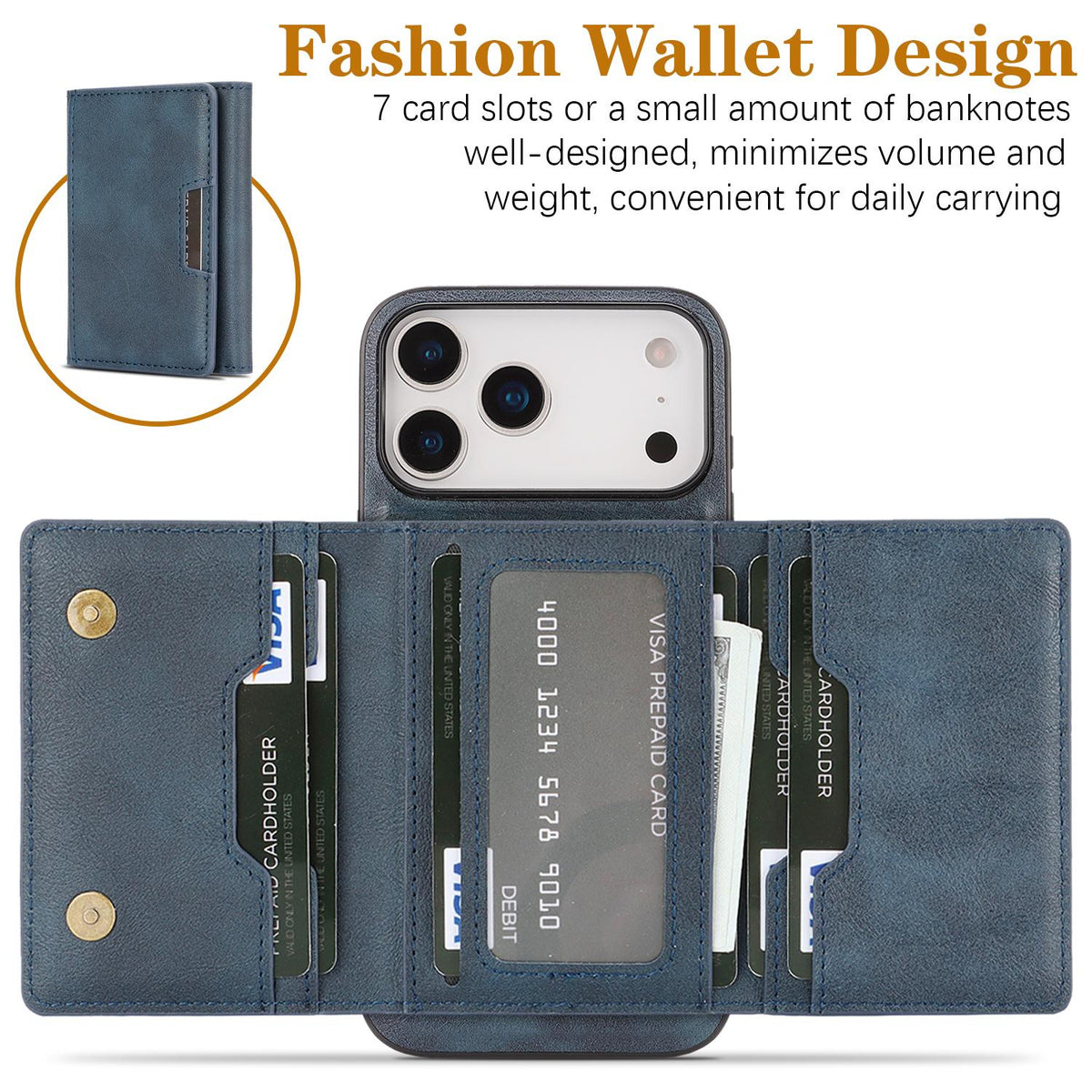 Compatible with iPhone 18 Pro Max Kalebol Strong Magnetic MagSafe Tri-Fold Wallet Leather Phone Case - Blue