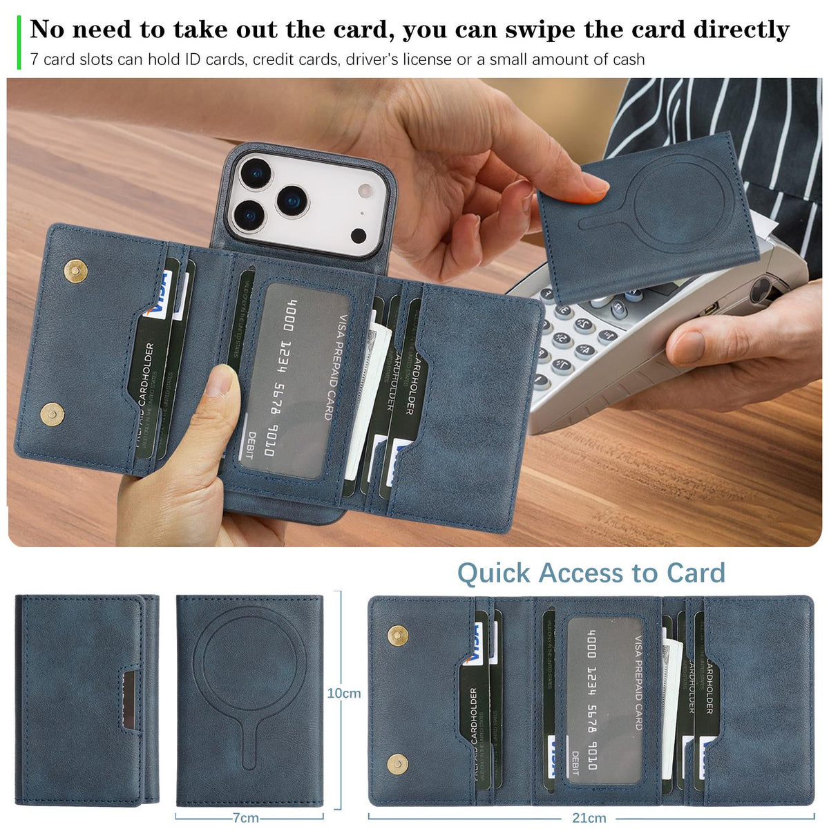 Compatible with iPhone 18 Pro Max Kalebol Strong Magnetic MagSafe Tri-Fold Wallet Leather Phone Case - Blue