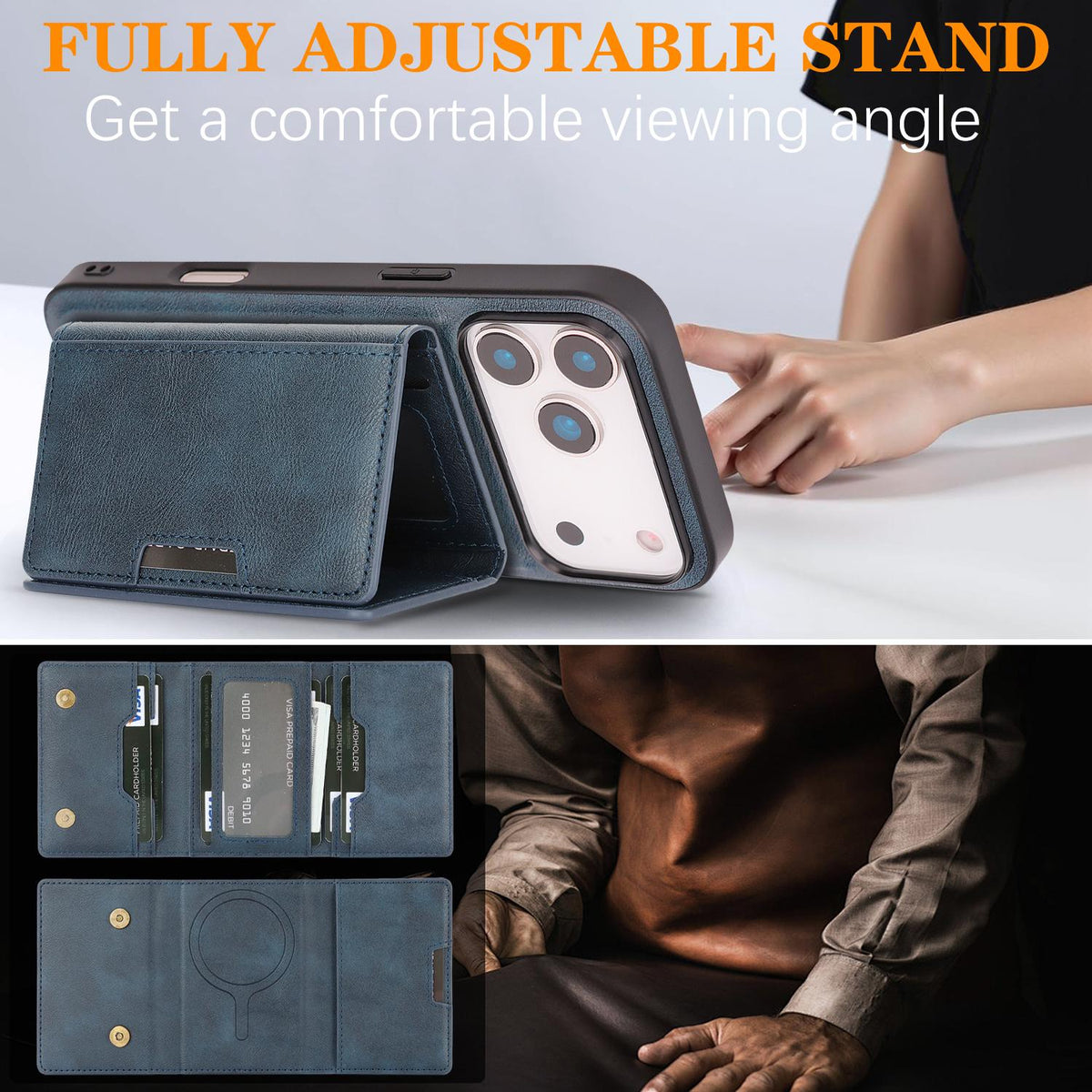 Compatible with iPhone 18 Pro Max Kalebol Strong Magnetic MagSafe Tri-Fold Wallet Leather Phone Case - Blue