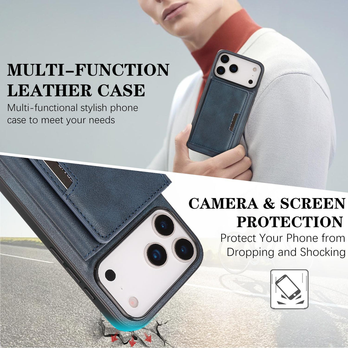 Compatible with iPhone 18 Pro Max Kalebol Strong Magnetic MagSafe Tri-Fold Wallet Leather Phone Case - Blue