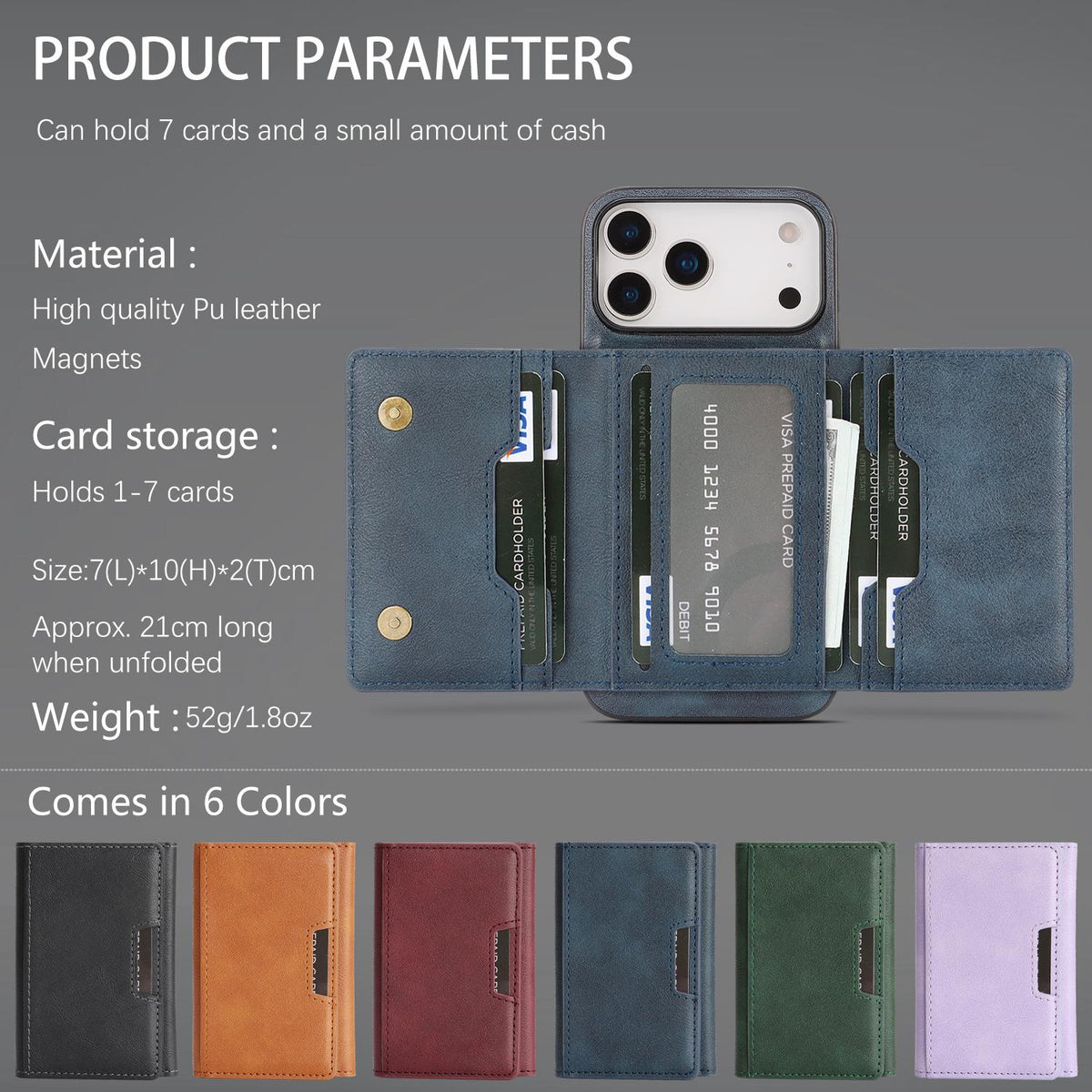 Compatible with iPhone 18 Pro Max Kalebol Strong Magnetic MagSafe Tri-Fold Wallet Leather Phone Case - Blue
