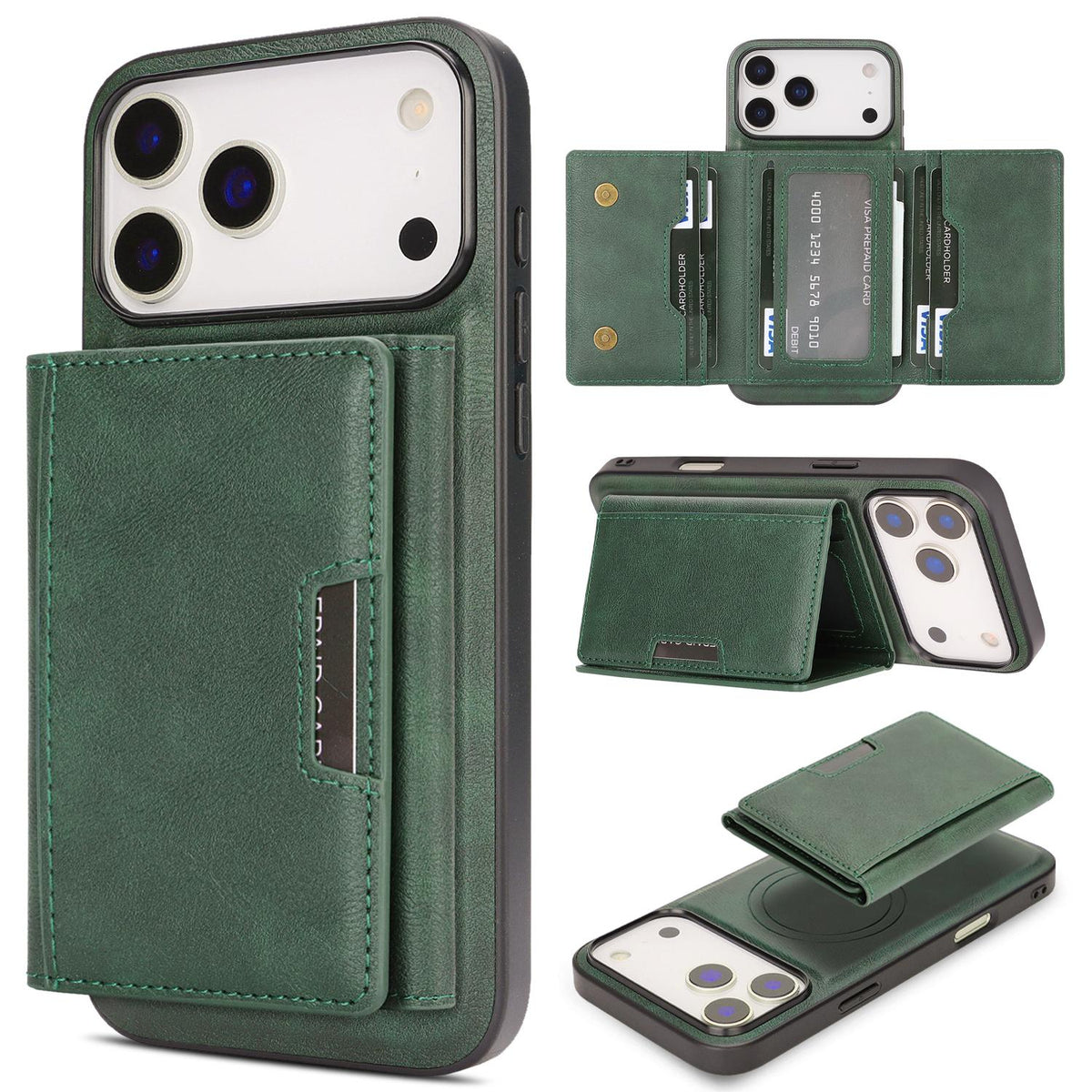 Compatible with iPhone 18 Pro Max Kalebol Strong Magnetic MagSafe Tri-Fold Wallet Leather Phone Case - Green