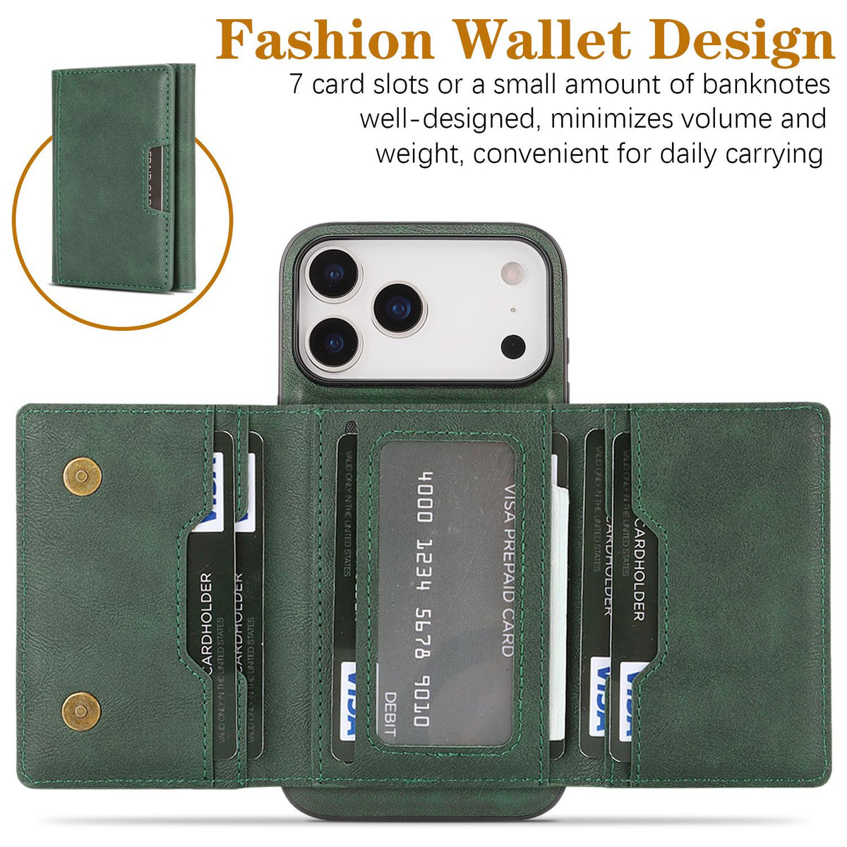 Compatible with iPhone 18 Pro Max Kalebol Strong Magnetic MagSafe Tri-Fold Wallet Leather Phone Case - Green