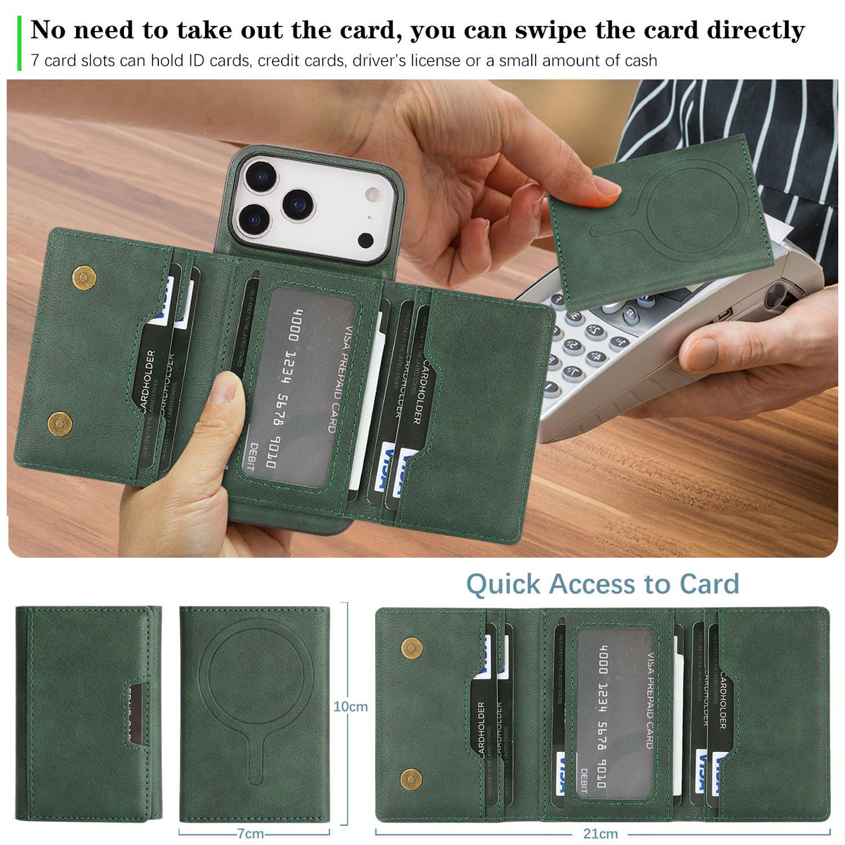 Compatible with iPhone 18 Pro Max Kalebol Strong Magnetic MagSafe Tri-Fold Wallet Leather Phone Case - Green