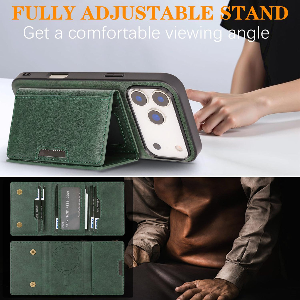 Compatible with iPhone 18 Pro Max Kalebol Strong Magnetic MagSafe Tri-Fold Wallet Leather Phone Case - Green