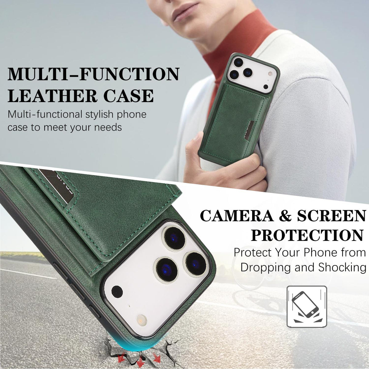 Compatible with iPhone 18 Pro Max Kalebol Strong Magnetic MagSafe Tri-Fold Wallet Leather Phone Case - Green