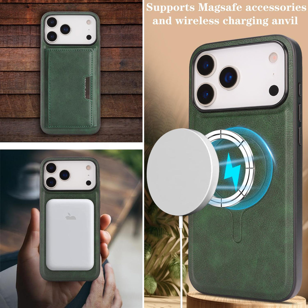 Compatible with iPhone 18 Pro Max Kalebol Strong Magnetic MagSafe Tri-Fold Wallet Leather Phone Case - Green