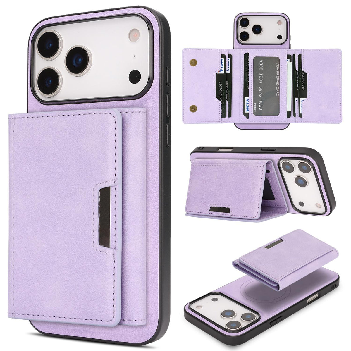Compatible with iPhone 18 Pro Max Kalebol Strong Magnetic MagSafe Tri-Fold Wallet Leather Phone Case - Purple