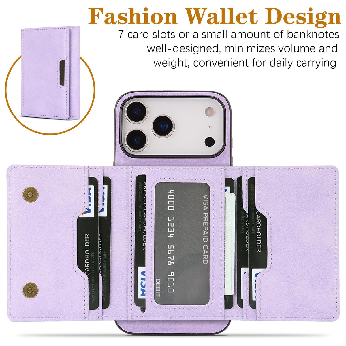 Compatible with iPhone 18 Pro Max Kalebol Strong Magnetic MagSafe Tri-Fold Wallet Leather Phone Case - Purple