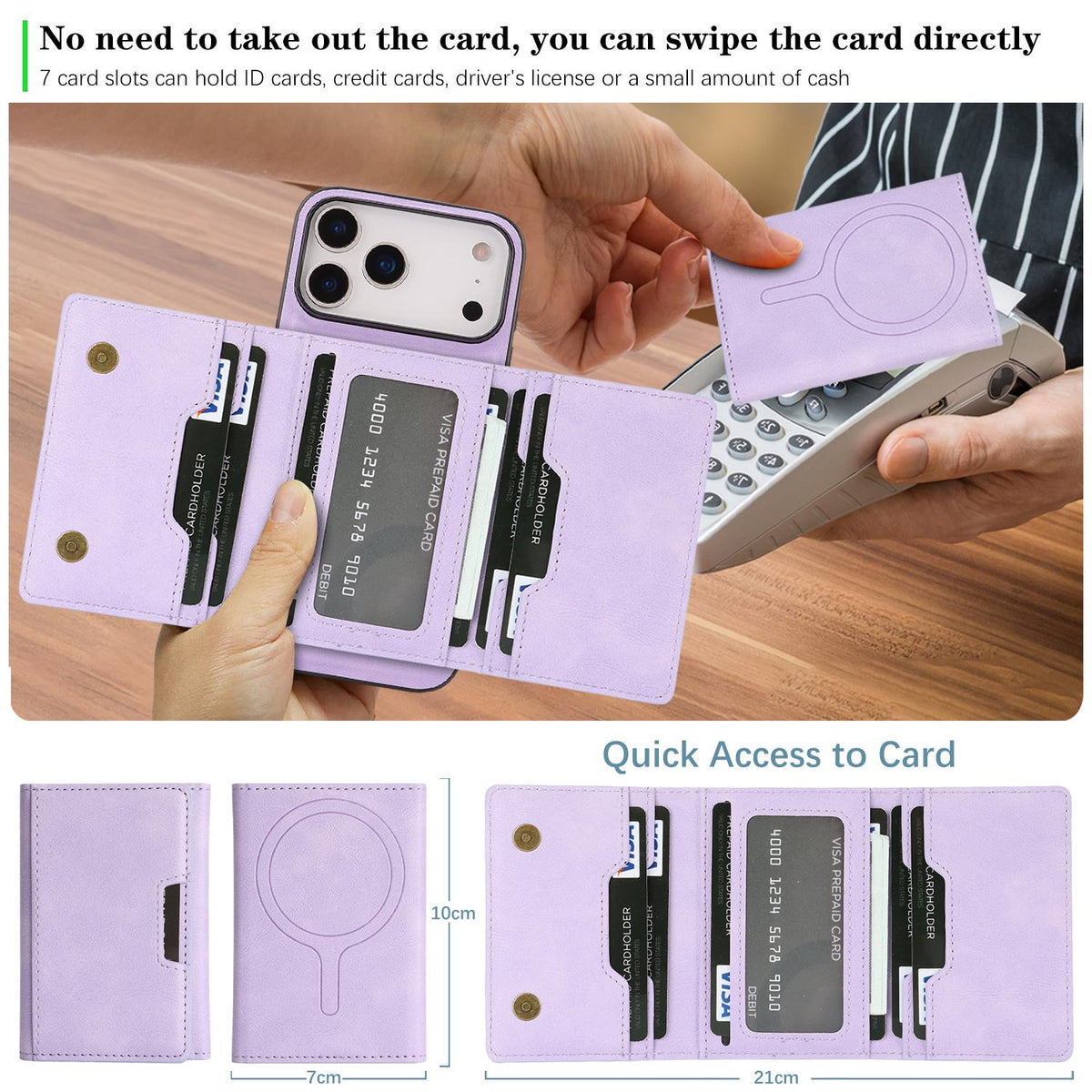 Compatible with iPhone 18 Pro Max Kalebol Strong Magnetic MagSafe Tri-Fold Wallet Leather Phone Case - Purple
