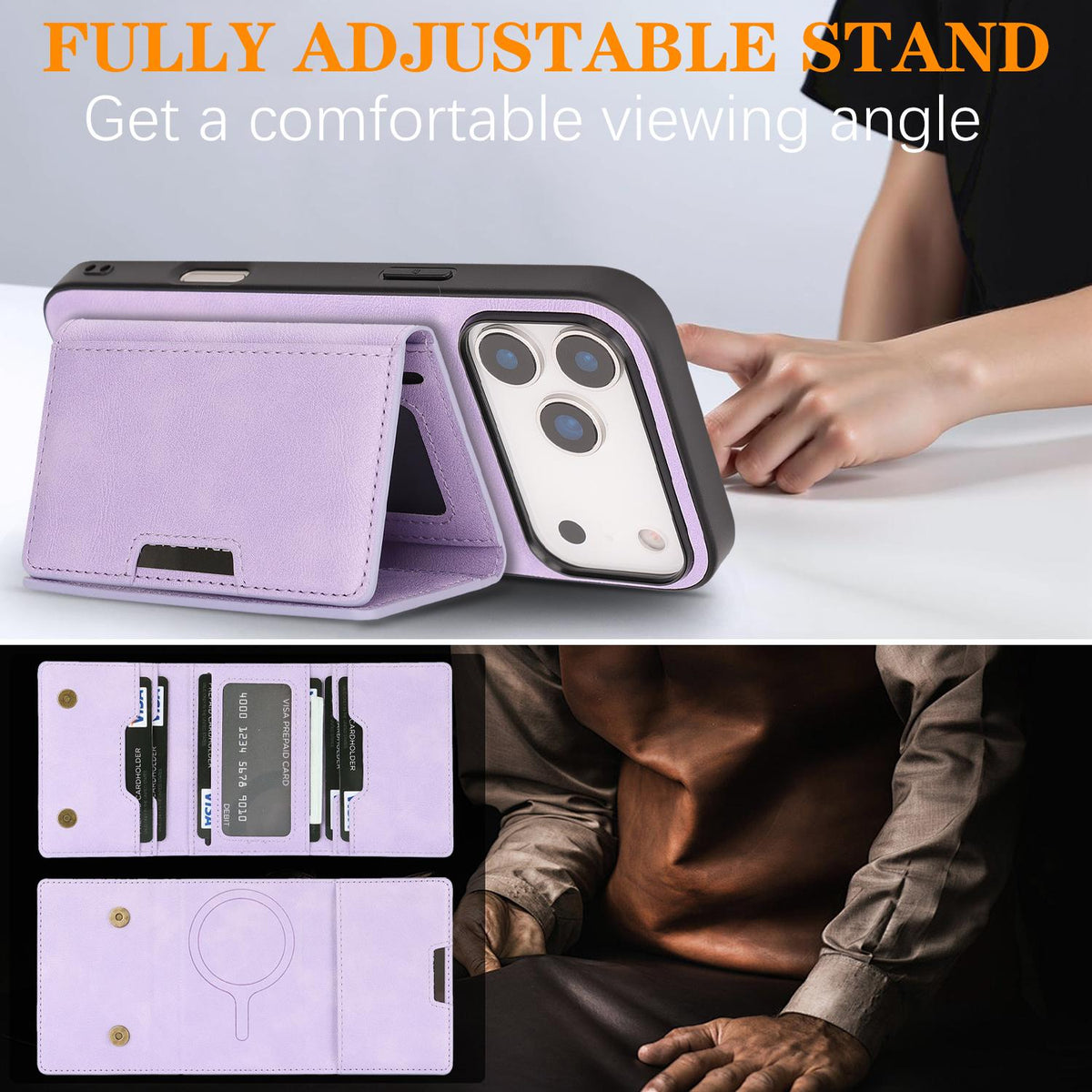Compatible with iPhone 18 Pro Max Kalebol Strong Magnetic MagSafe Tri-Fold Wallet Leather Phone Case - Purple