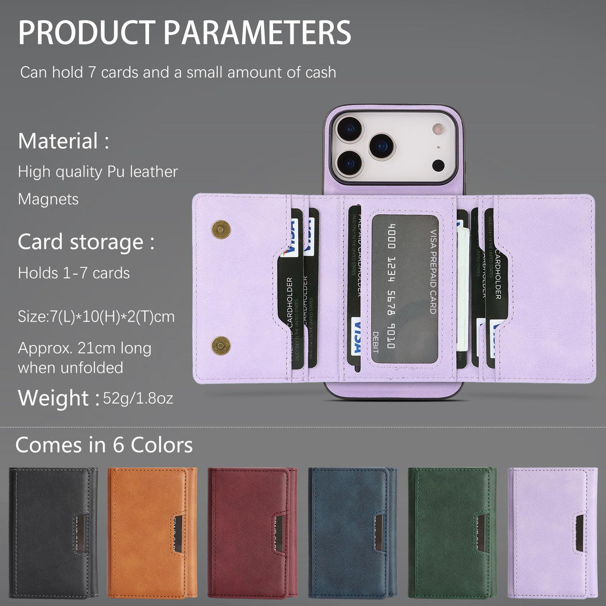 Compatible with iPhone 18 Pro Max Kalebol Strong Magnetic MagSafe Tri-Fold Wallet Leather Phone Case - Purple