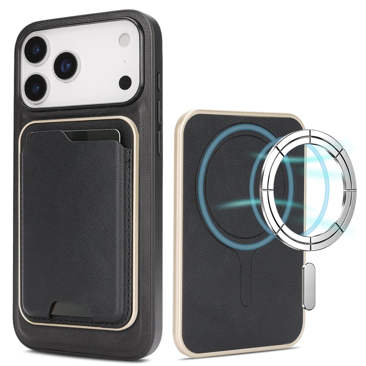 Compatible with iPhone 18 Pro Max Kalebol Slim MagSafe Ring Magnetic Card Bag Leather Phone Case - Black