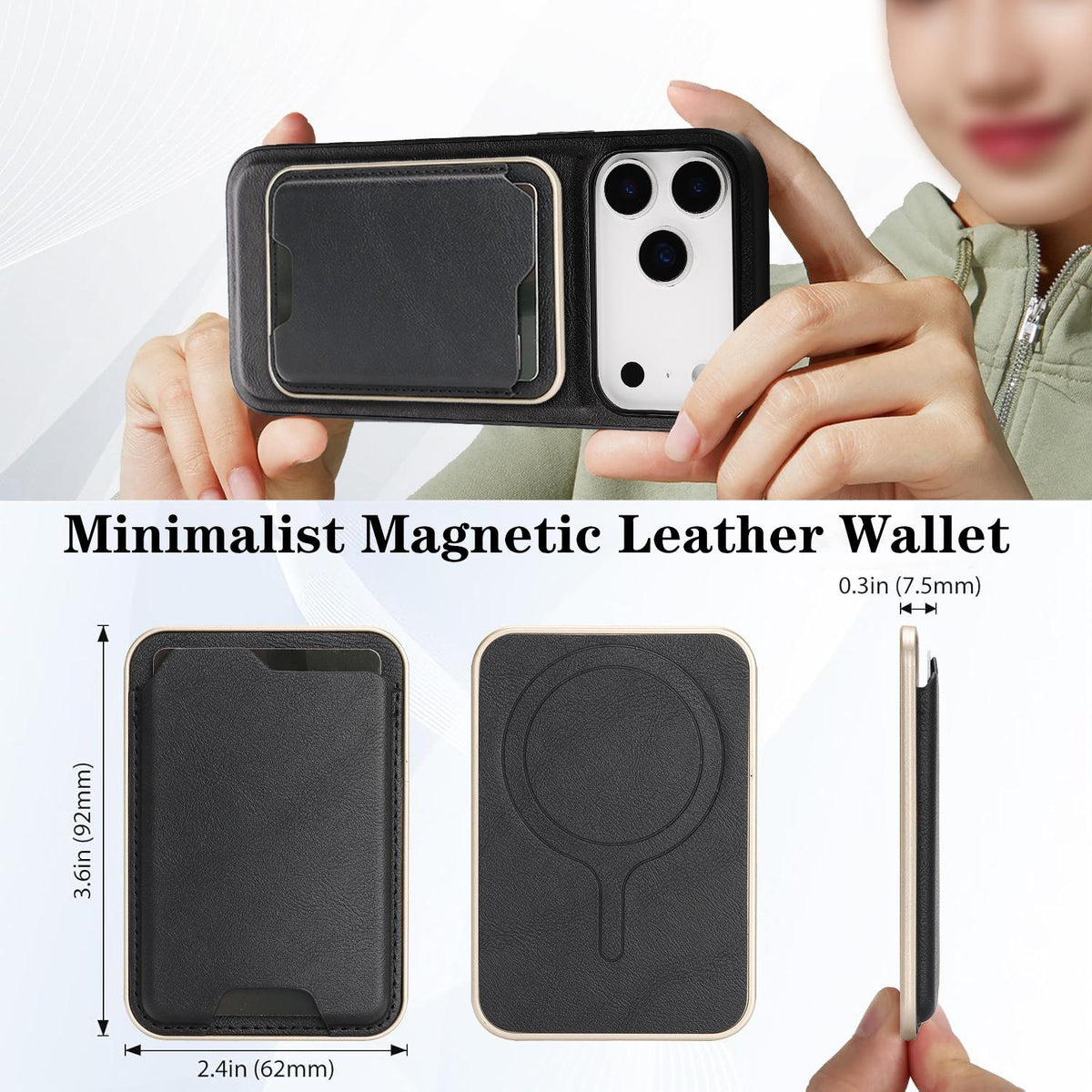 Compatible with iPhone 18 Pro Max Kalebol Slim MagSafe Ring Magnetic Card Bag Leather Phone Case - Black