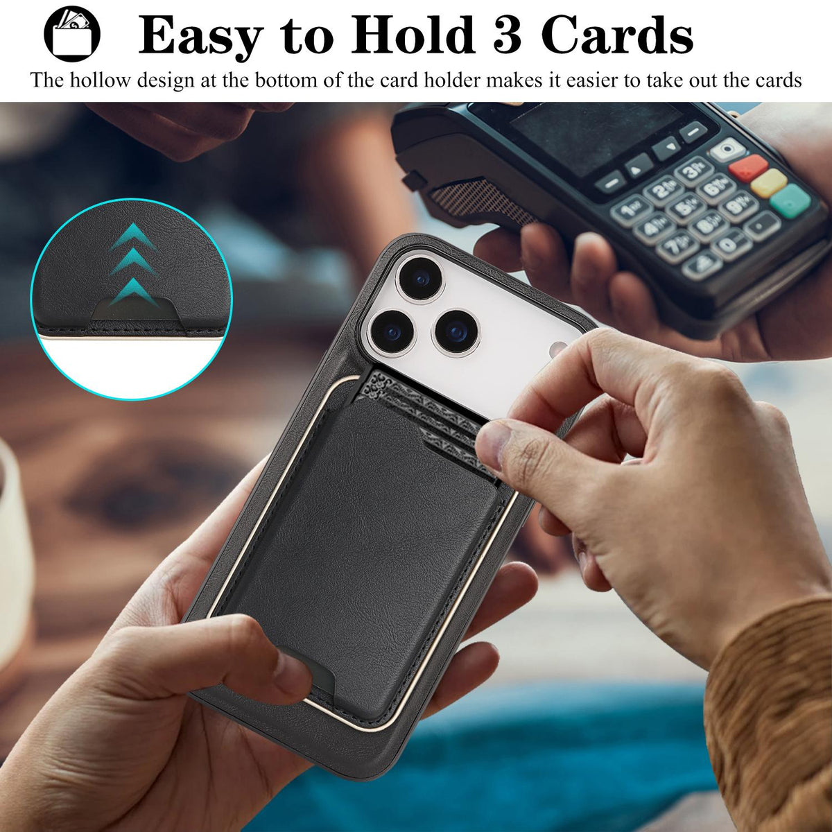 Compatible with iPhone 18 Pro Max Kalebol Slim MagSafe Ring Magnetic Card Bag Leather Phone Case - Black