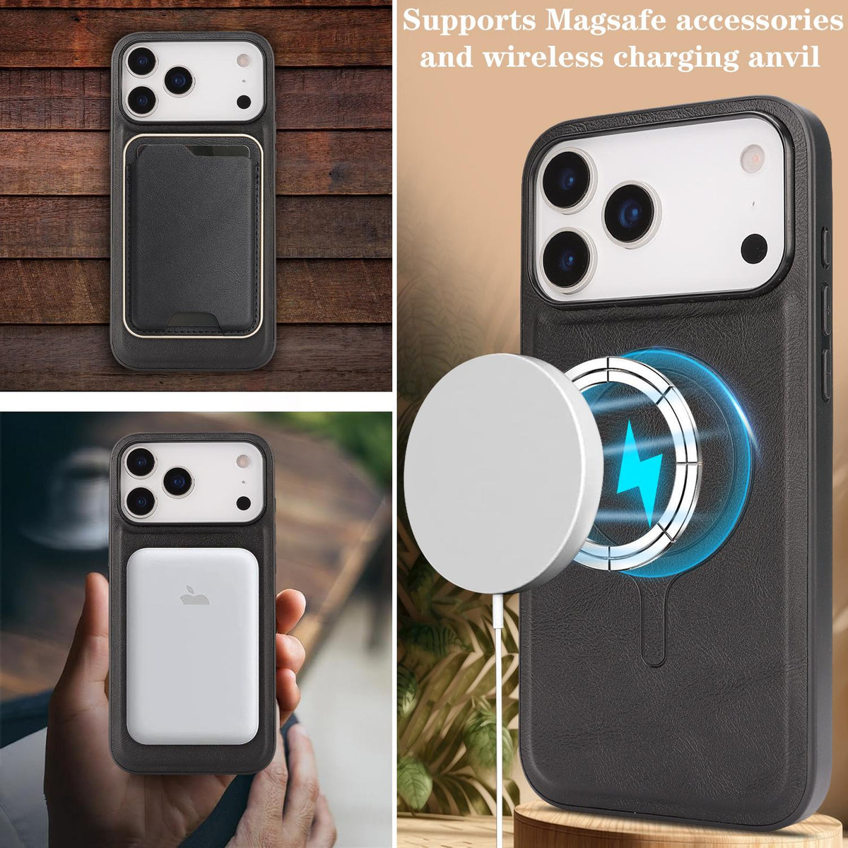 Compatible with iPhone 18 Pro Max Kalebol Slim MagSafe Ring Magnetic Card Bag Leather Phone Case - Black