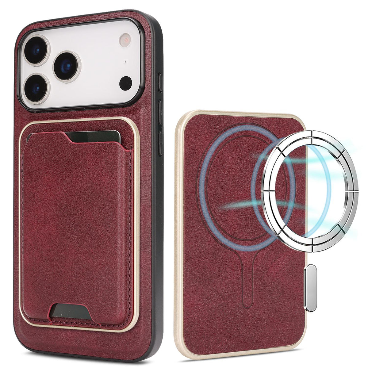 Compatible with iPhone 18 Pro Max Kalebol Slim MagSafe Ring Magnetic Card Bag Leather Phone Case - Red