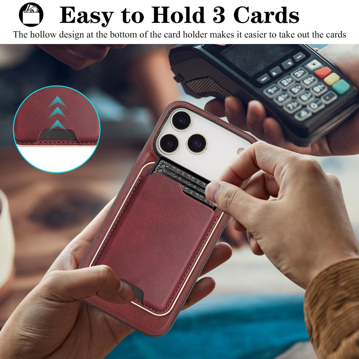 Compatible with iPhone 18 Pro Max Kalebol Slim MagSafe Ring Magnetic Card Bag Leather Phone Case - Red
