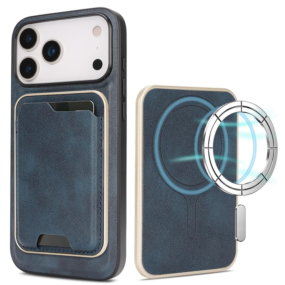 Compatible with iPhone 18 Pro Max Kalebol Slim MagSafe Ring Magnetic Card Bag Leather Phone Case - Blue