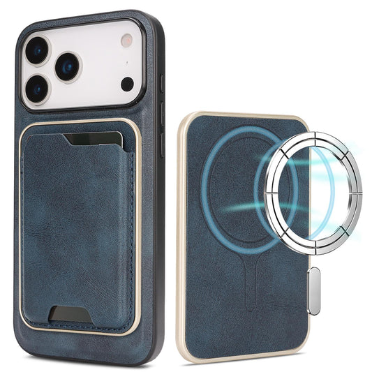 Compatible with iPhone 18 Pro Max Kalebol Slim MagSafe Ring Magnetic Card Bag Leather Phone Case - Blue