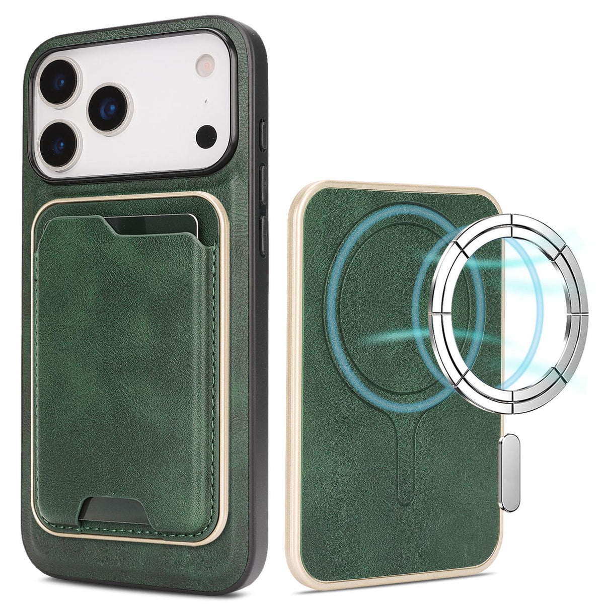 Compatible with iPhone 18 Pro Max Kalebol Slim MagSafe Ring Magnetic Card Bag Leather Phone Case - Green