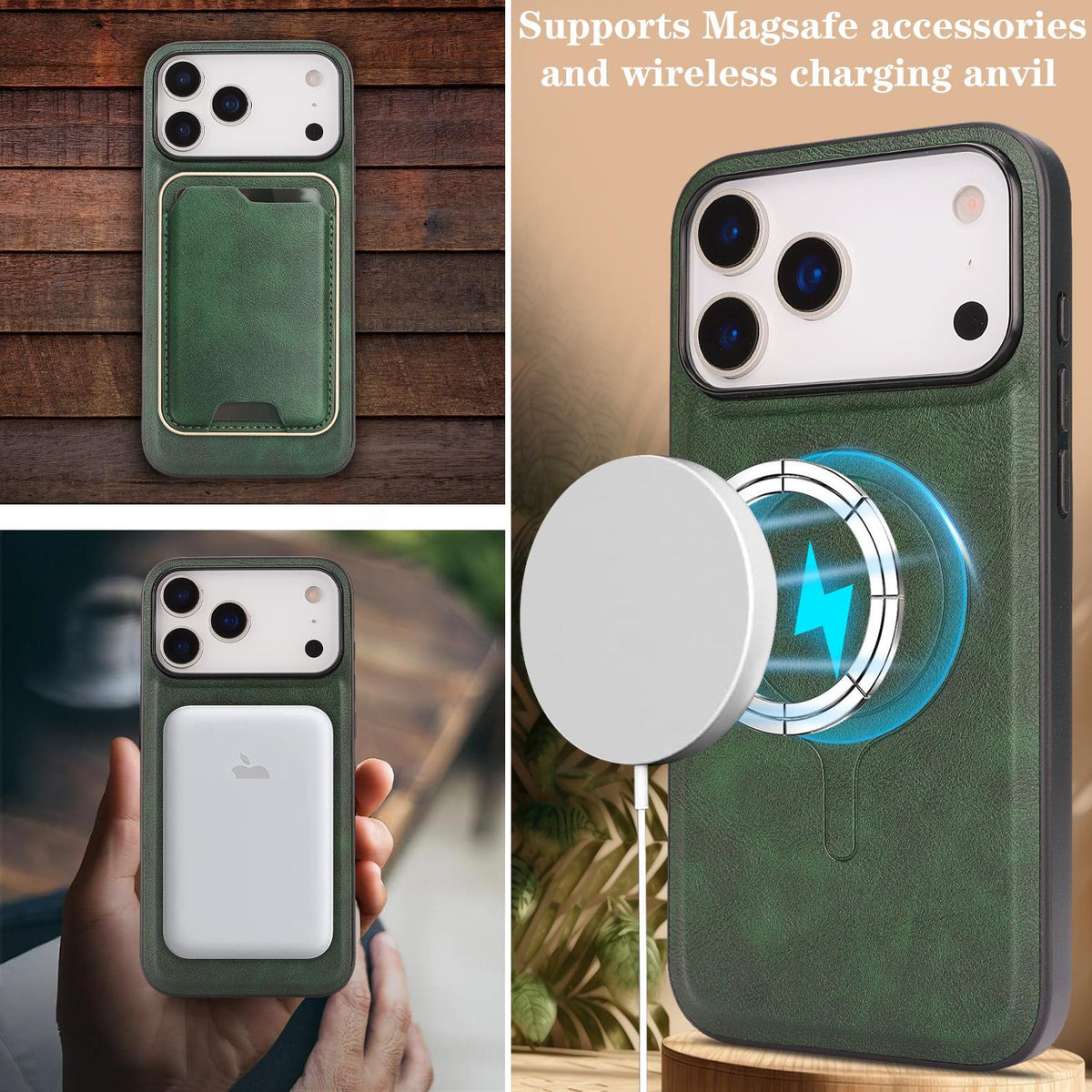Compatible with iPhone 18 Pro Kalebol Slim MagSafe Ring Magnetic Card Bag Leather Phone Case - Green