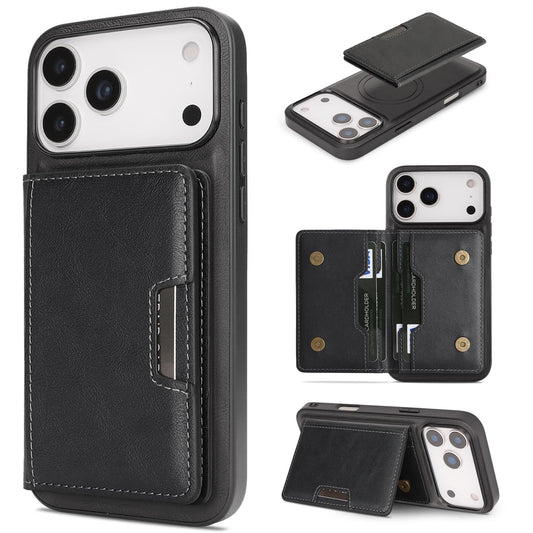 Compatible with iPhone 18 Pro Max Kalebol Strong MagSafe Magnetic Two-Fold Card Bag Leather Phone Case - Black