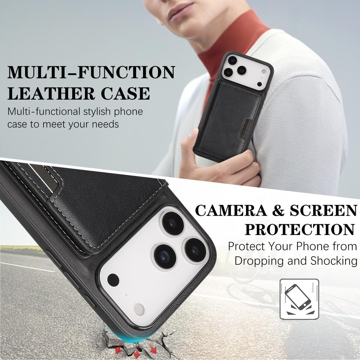 Compatible with iPhone 18 Pro Max Kalebol Strong MagSafe Magnetic Two-Fold Card Bag Leather Phone Case - Black