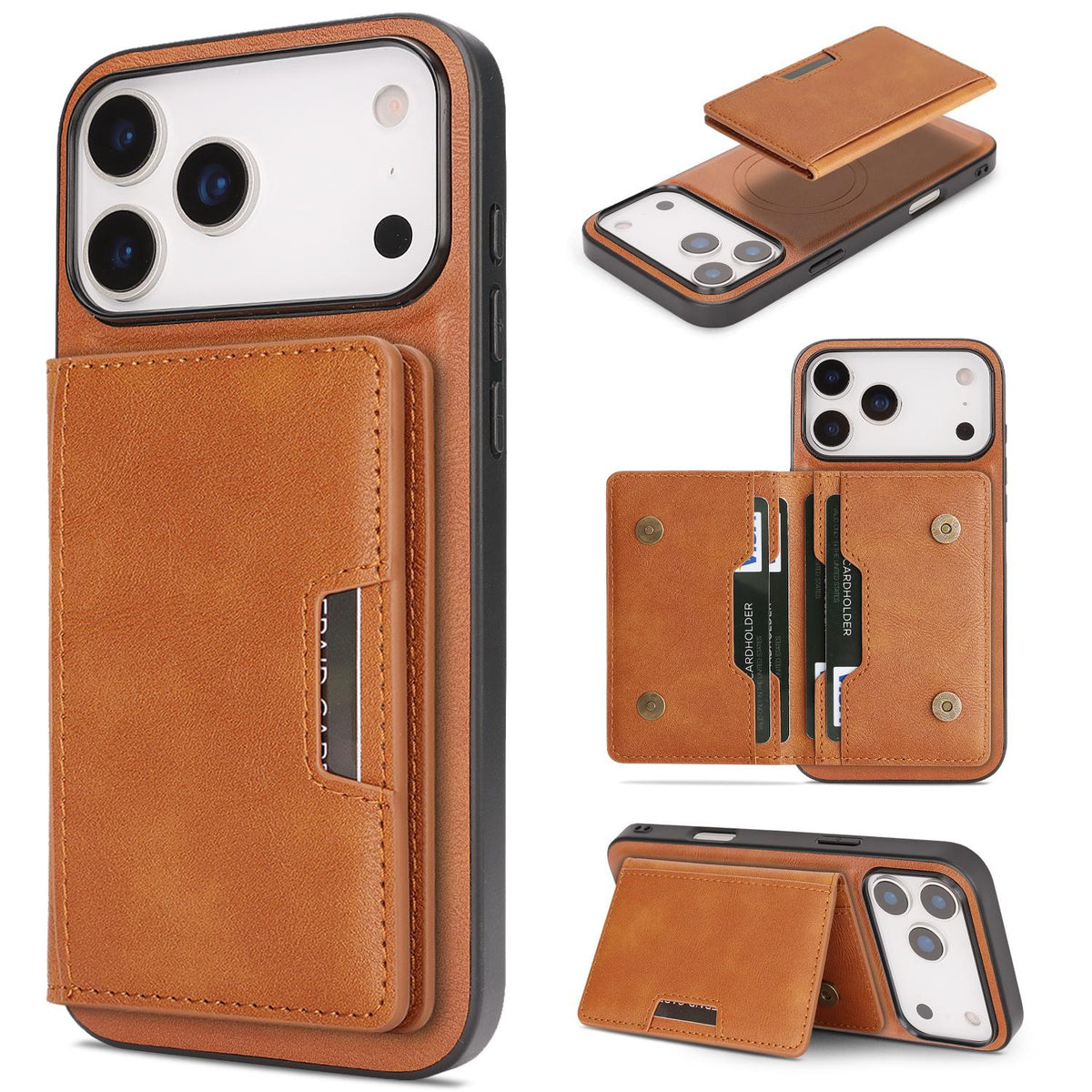 Compatible with iPhone 18 Pro Max Kalebol Strong MagSafe Magnetic Two-Fold Card Bag Leather Phone Case - Brown