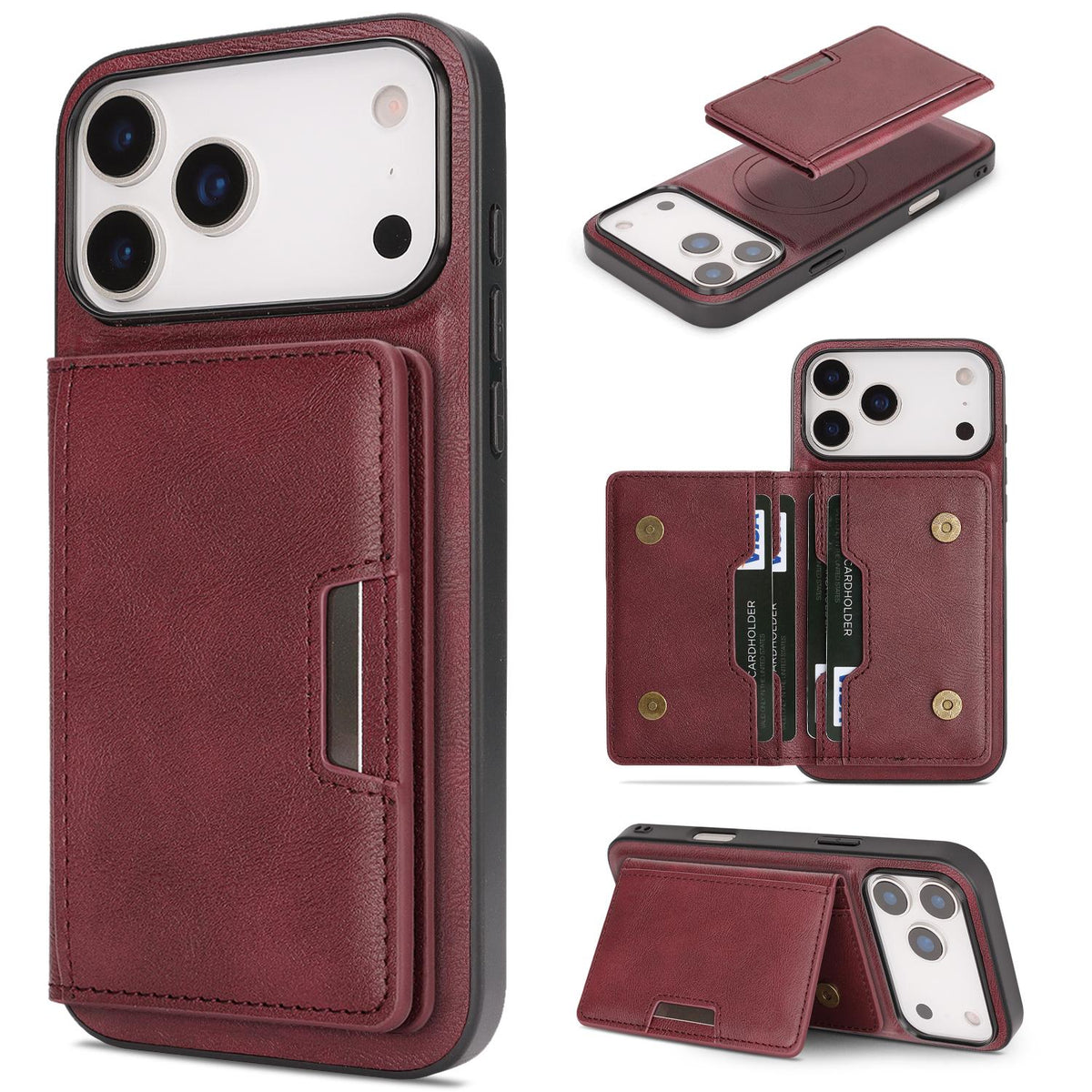 Compatible with iPhone 18 Pro Max Kalebol Strong MagSafe Magnetic Two-Fold Card Bag Leather Phone Case - Red