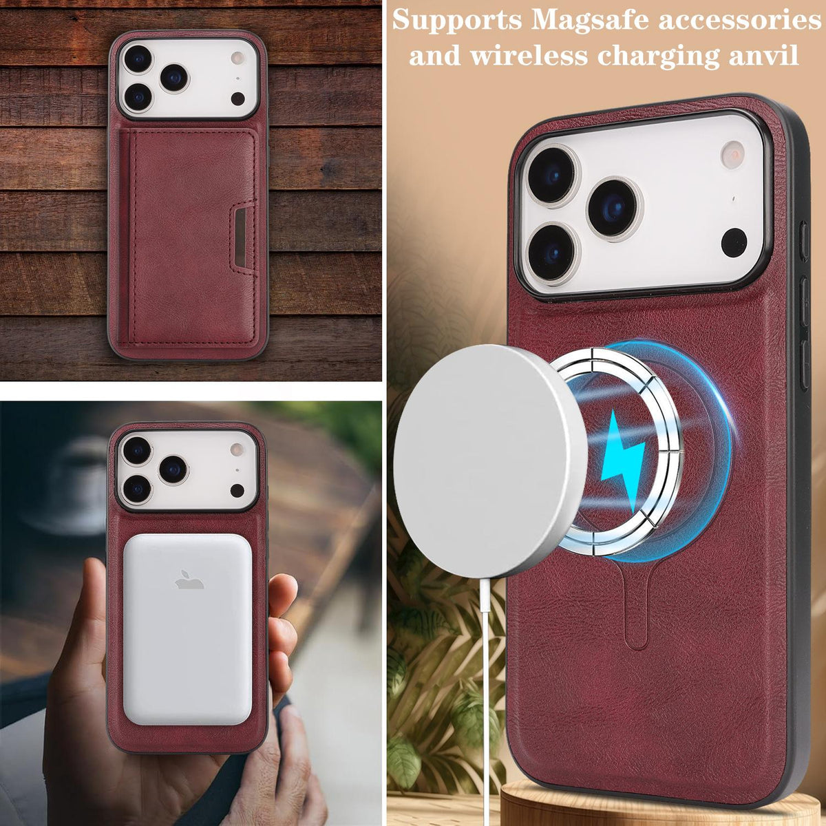 Compatible with iPhone 18 Pro Max Kalebol Strong MagSafe Magnetic Two-Fold Card Bag Leather Phone Case - Red
